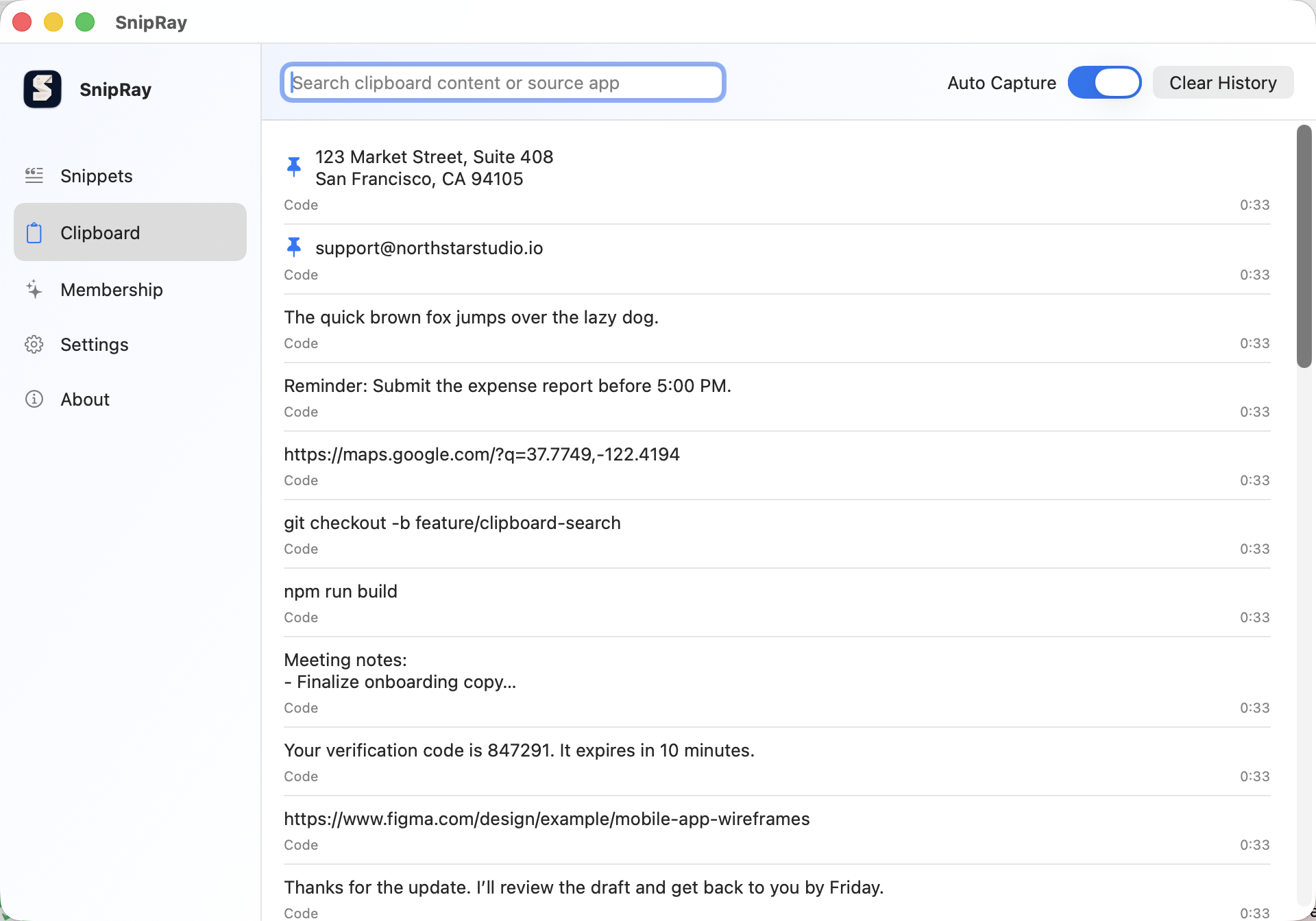 Snipbase clipboard manager showing searchable clipboard history with pinned items and source apps.
