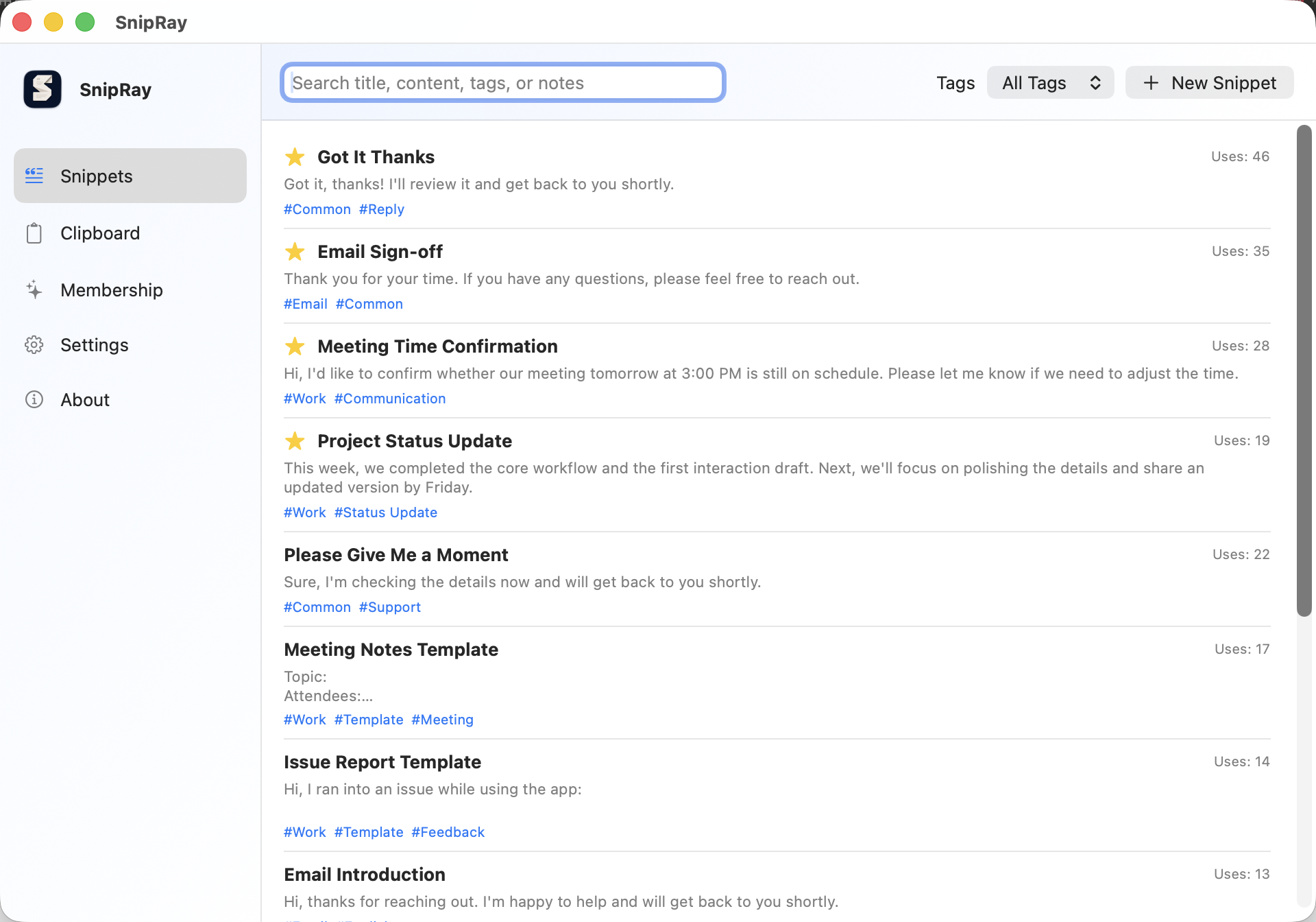 Snipbase snippet manager with saved replies, meeting templates, tags, and a search field.